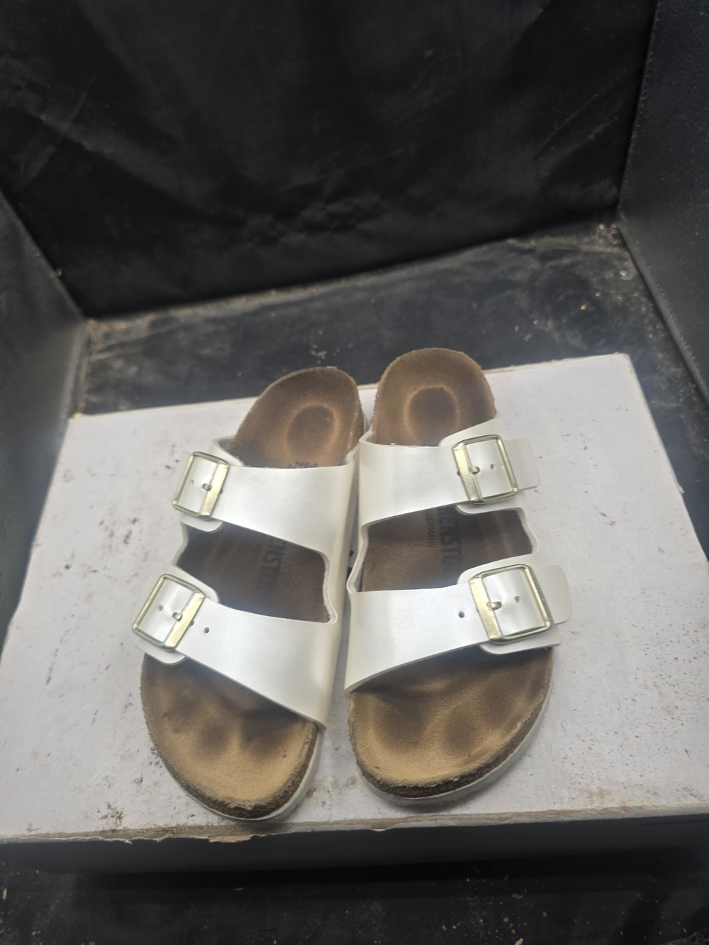 Women’s Double-Buckle White Slide Sandals